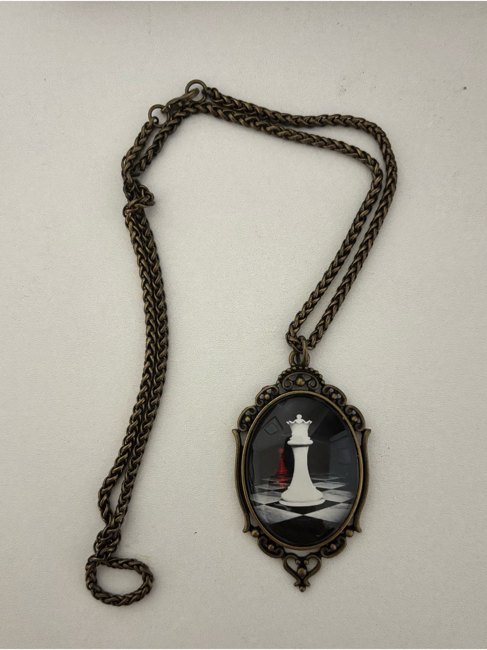 Antique Brass Chess Queen Pendant Necklace in Black & White